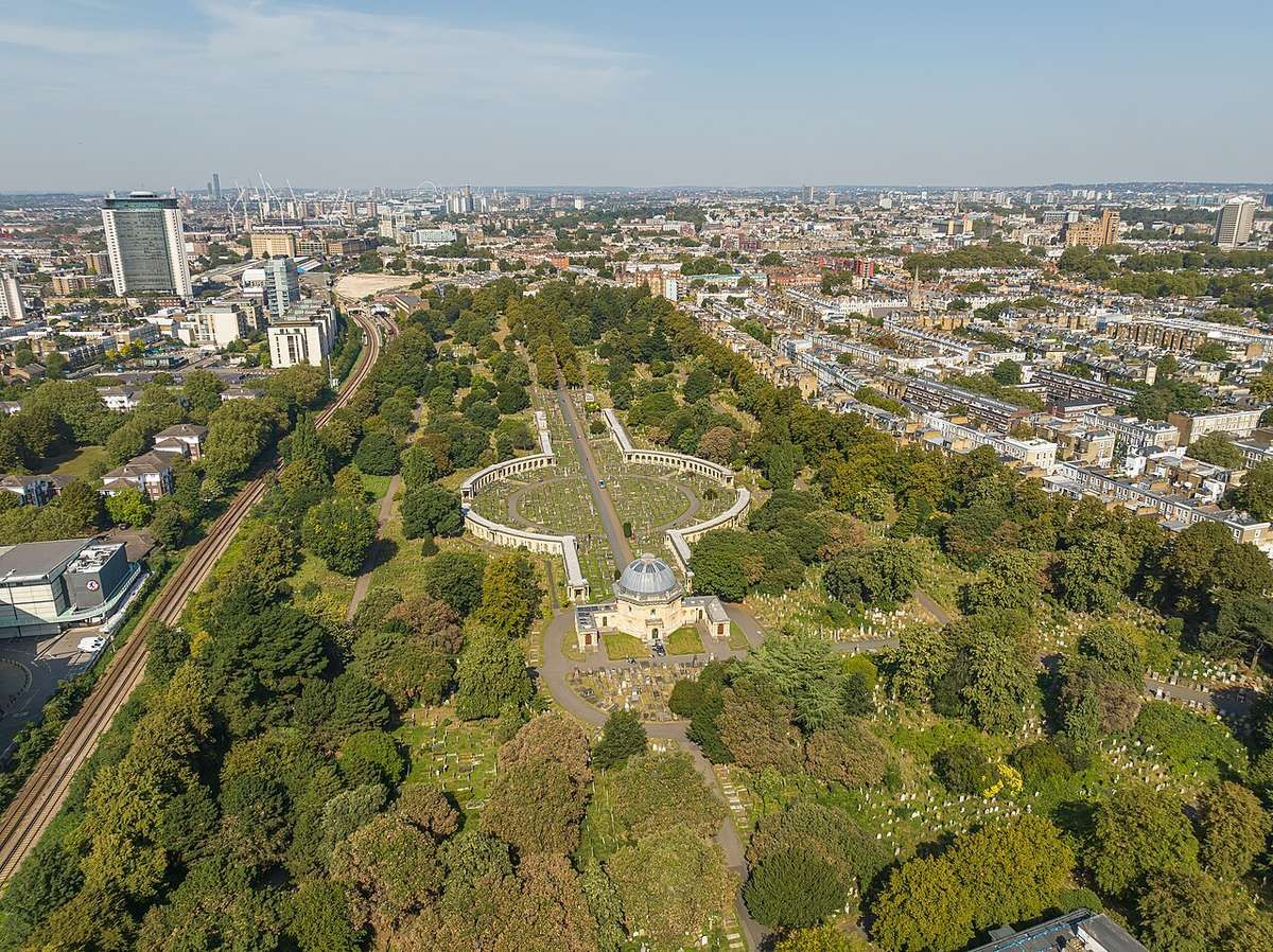 Brompton Cemetery, a Victorian cemetery managed by The Royal Parks, with a colonnaded Great Circle and central chapel