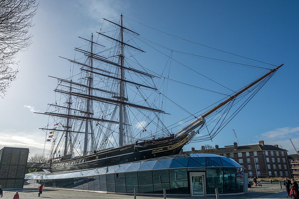 Cutty Sark, a preserved 19th-century tea clipper in dry dock at Greenwich, one of the fastest sailing ships of its era