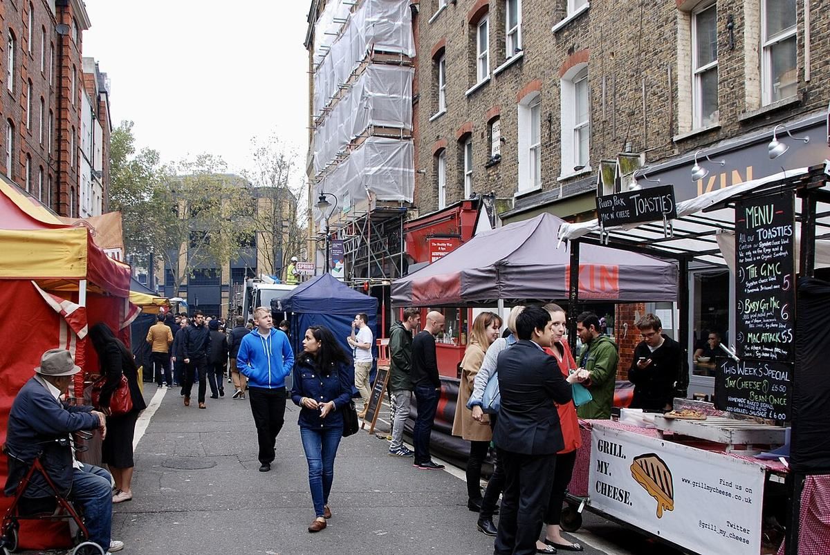 Leather Lane Market, a weekday street market on Leather Lane in Holborn with about 120 stalls