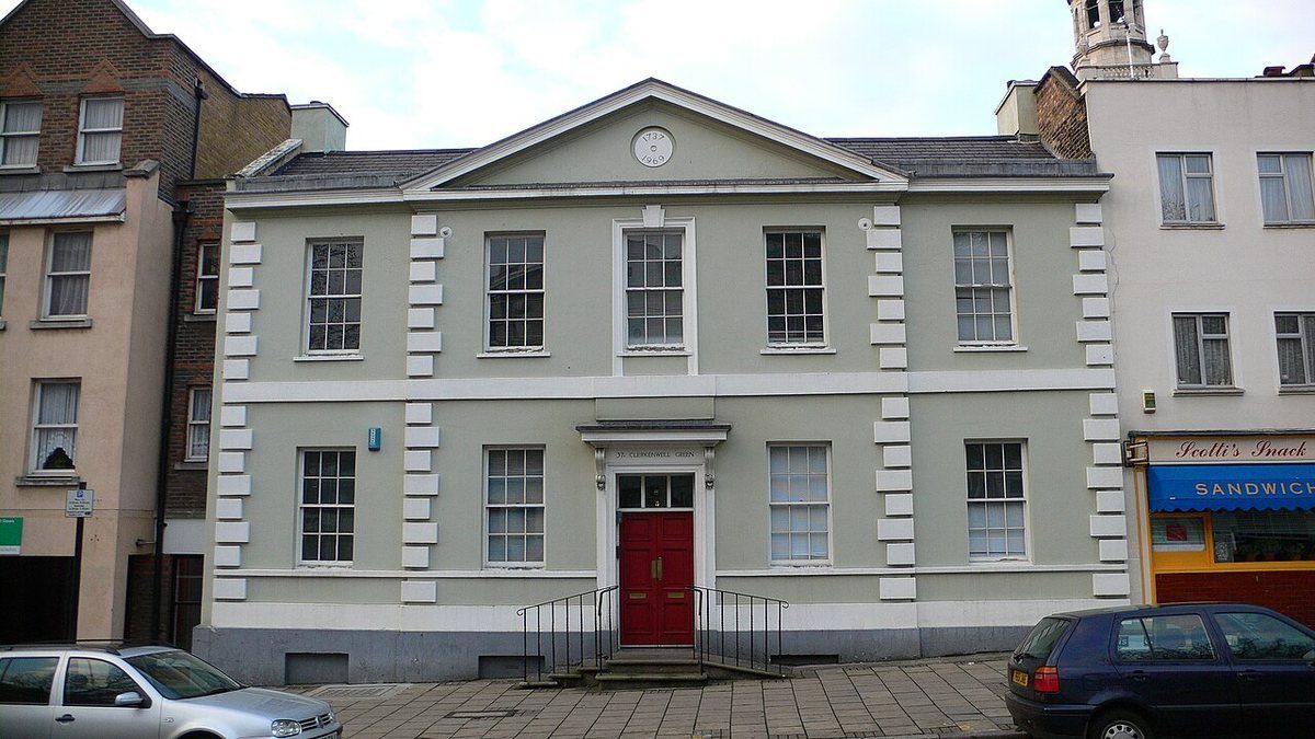 Marx Memorial Library, a Grade II listed 1738 building on Clerkenwell Green