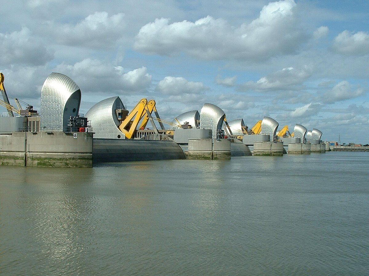 Thames Barrier, the 520m line of ten steel gates across the Thames at Woolwich