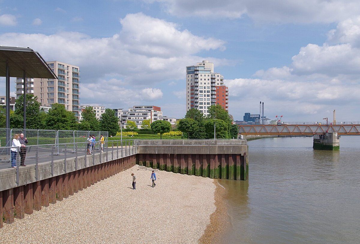 Thames Barrier Park, a 7-hectare postmodern riverside park in Silvertown