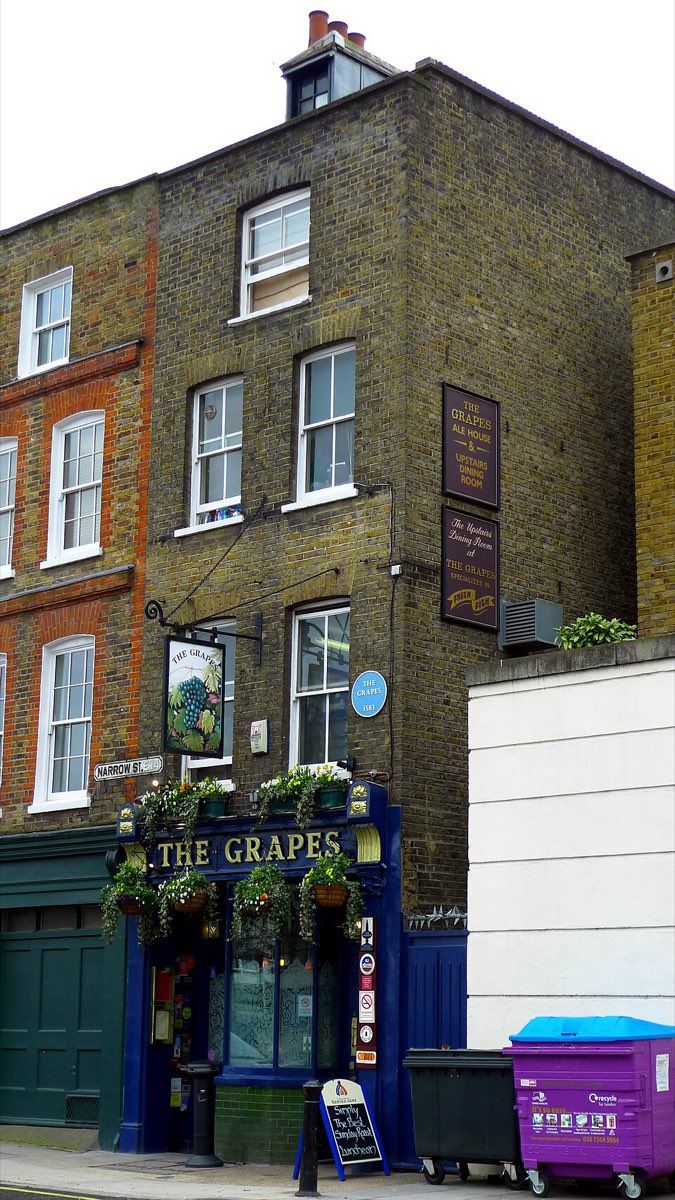 The Grapes, a narrow riverside pub on Narrow Street for close to 500 years