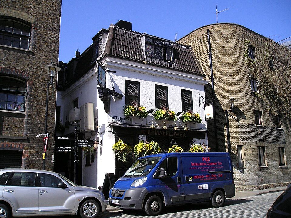 The Mayflower, a 16th-century riverside pub in Rotherhithe with a wooden jetty over the Thames, named for the ship